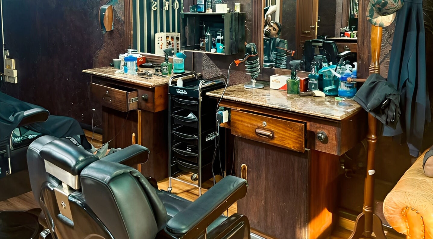 Barber station at Le Mirage, Doha, Doha Municipality, QA, featuring classic chairs and grooming tools.