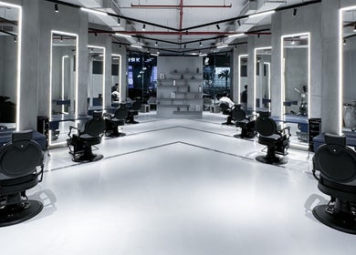 9CUTS Barber Shop interior with sleek black chairs in Riyadh I الرياض, SA.