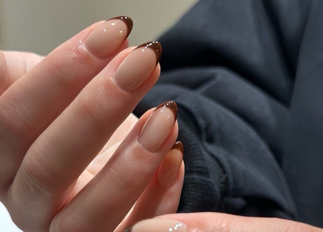 Elegant brown-tipped manicure at Mood Nail Bar, Vancouver, British Columbia, CA.