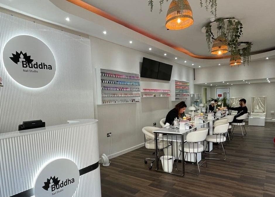 Modern interior of Buddha Nail Studio in Brighton, England, GB, featuring elegant decor and a welcoming atmosphere.