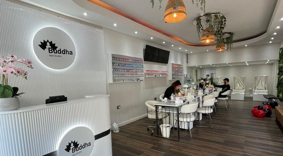 Modern interior of Buddha Nail Studio in Brighton, England, GB, featuring elegant decor and a welcoming atmosphere.