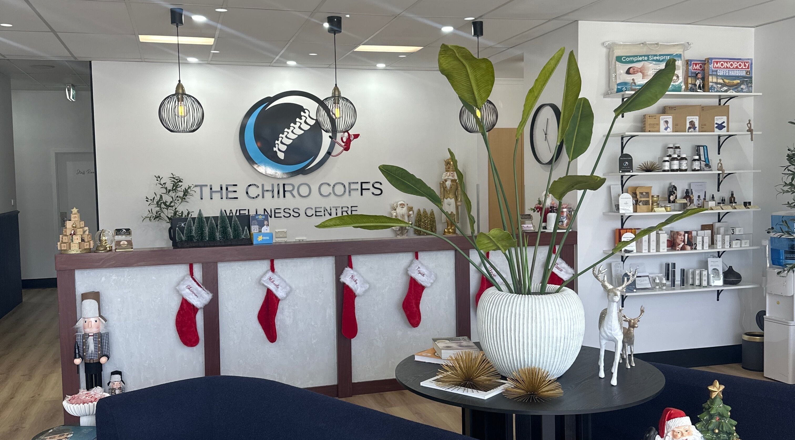 Reception area at Energetica Massage Therapy, Coffs Harbour, New South Wales, AU, featuring festive decor.