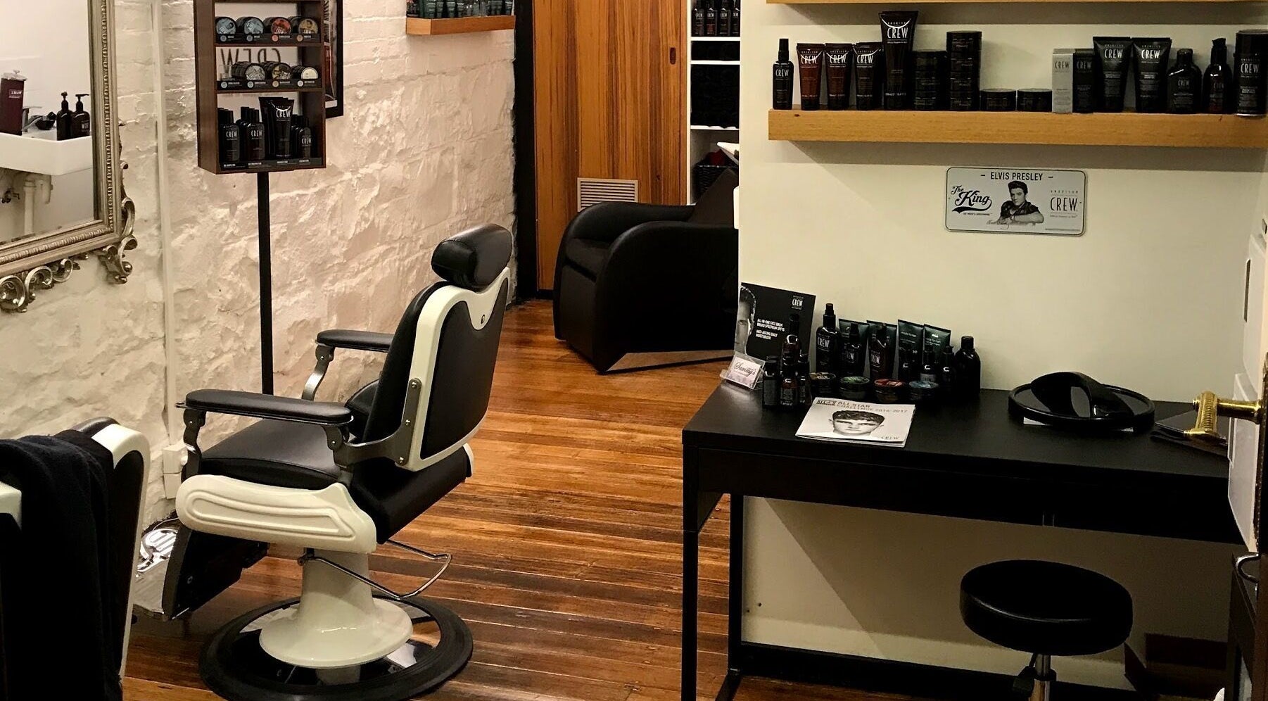 Elegant barber chair and grooming products at Sammy's Hair Grooming in Melbourne, Victoria, AU.