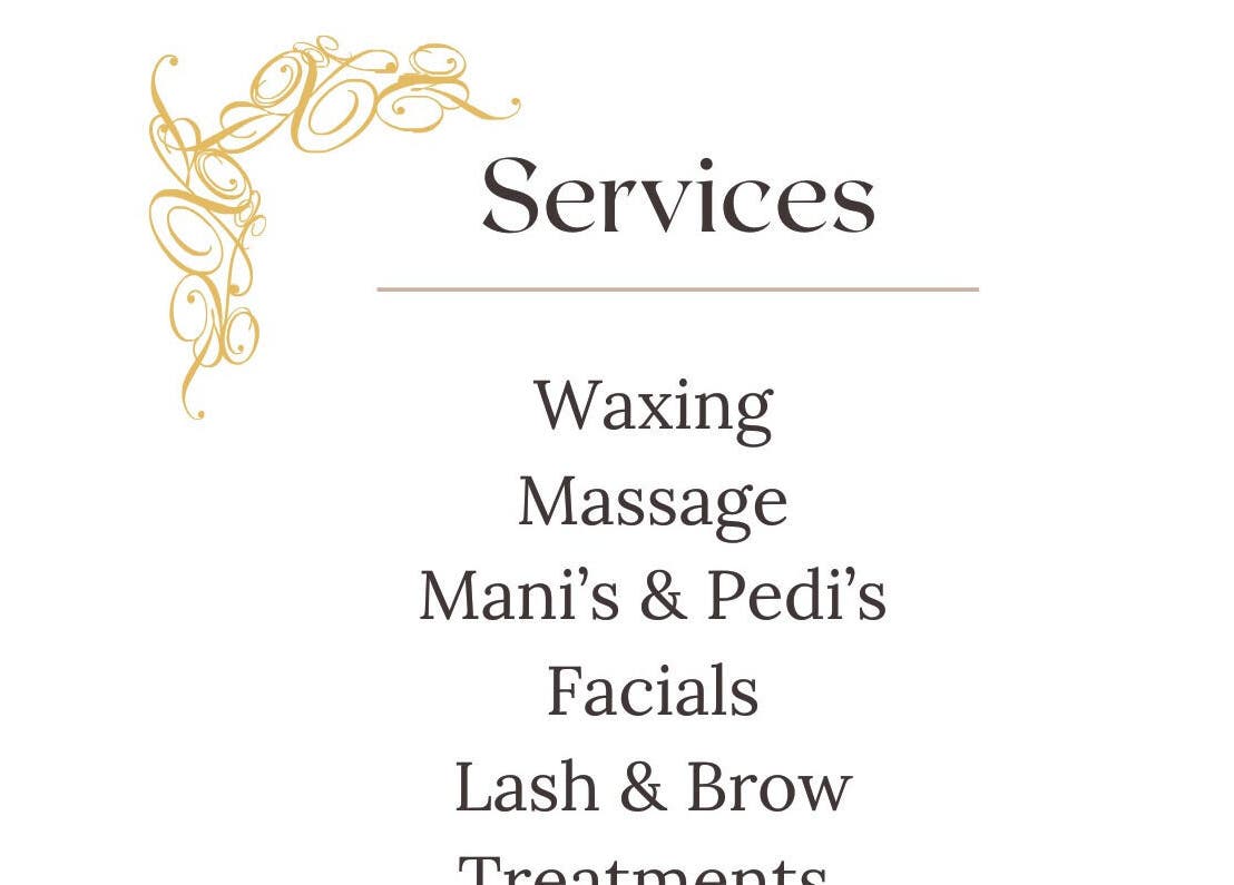 List of services at RNine Beauty, Thornton Heath, England, GB: Waxing, Massage, Mani's & Pedi's, Facials.