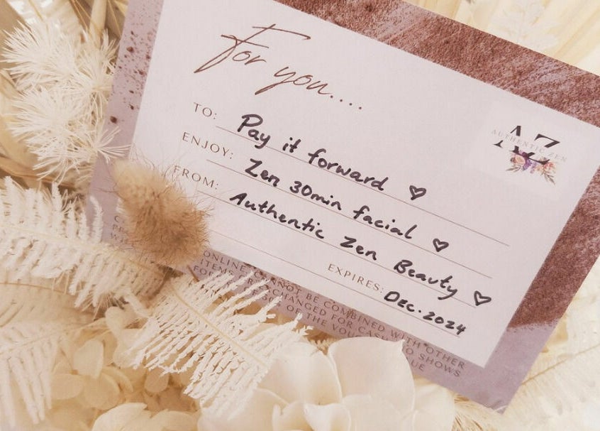 Gift card from Authentic Zen Beauty in New Auckland, Queensland, AU featuring a Zen 30min facial.