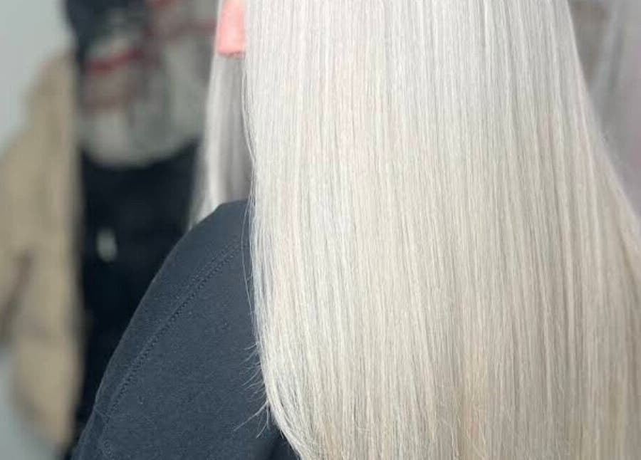 Elegant long silver hair styled at Empress Hair, Hull, England, GB.