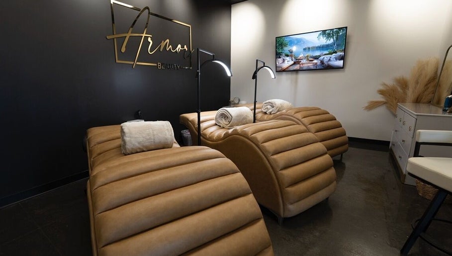 Luxury spa chairs at Armor Beauty, Knoxville, Tennessee, US, designed for ultimate relaxation and comfort.