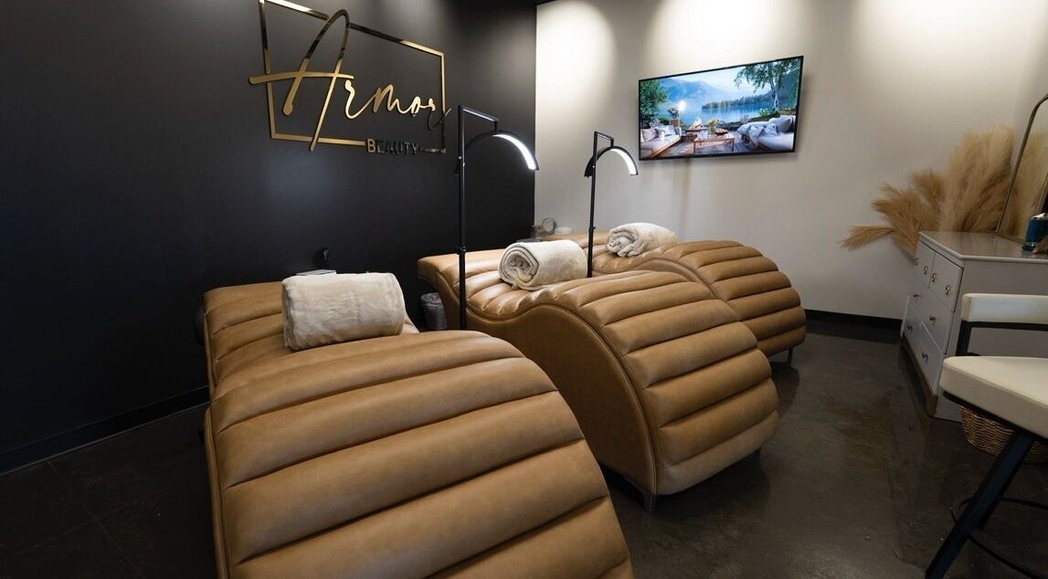 Luxury spa chairs at Armor Beauty, Knoxville, Tennessee, US, designed for ultimate relaxation and comfort.