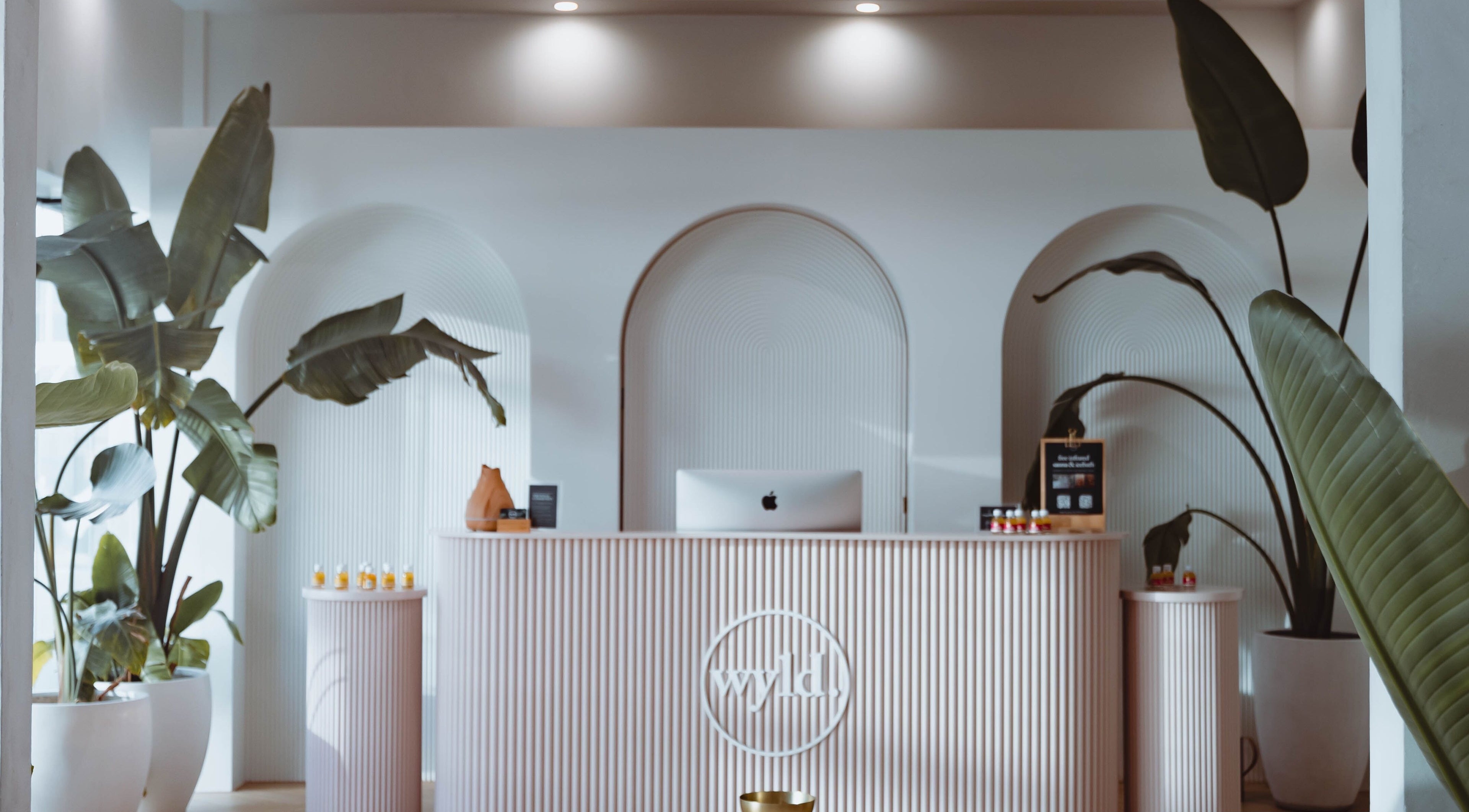 Elegant reception area at WYLD Newmarket, Auckland, NZ showcasing modern design with large green plants.
