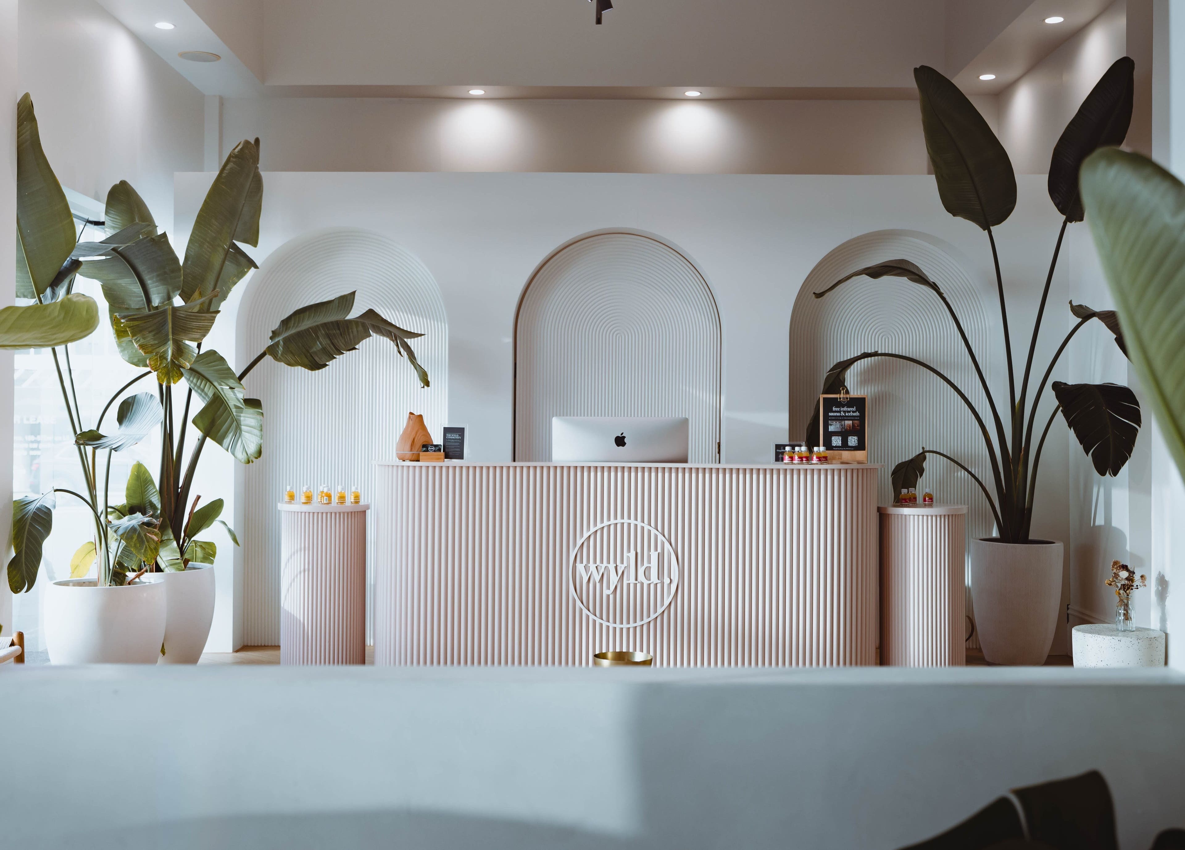 Reception area at WYLD Howick in Auckland, NZ featuring modern decor and tropical plants.
