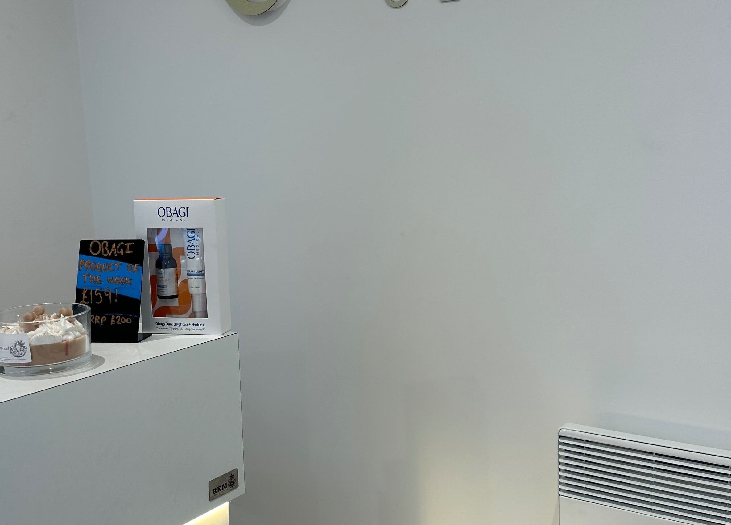 Calm display at Refined Clinic, Baildon, England, GB with skincare product and decor.