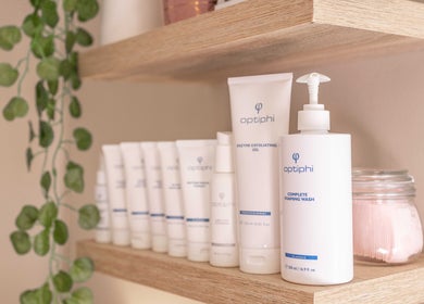 Optiphi skincare products displayed at By Bianca Skin Studio, Waterfall, Kwazulu-natal, ZA.