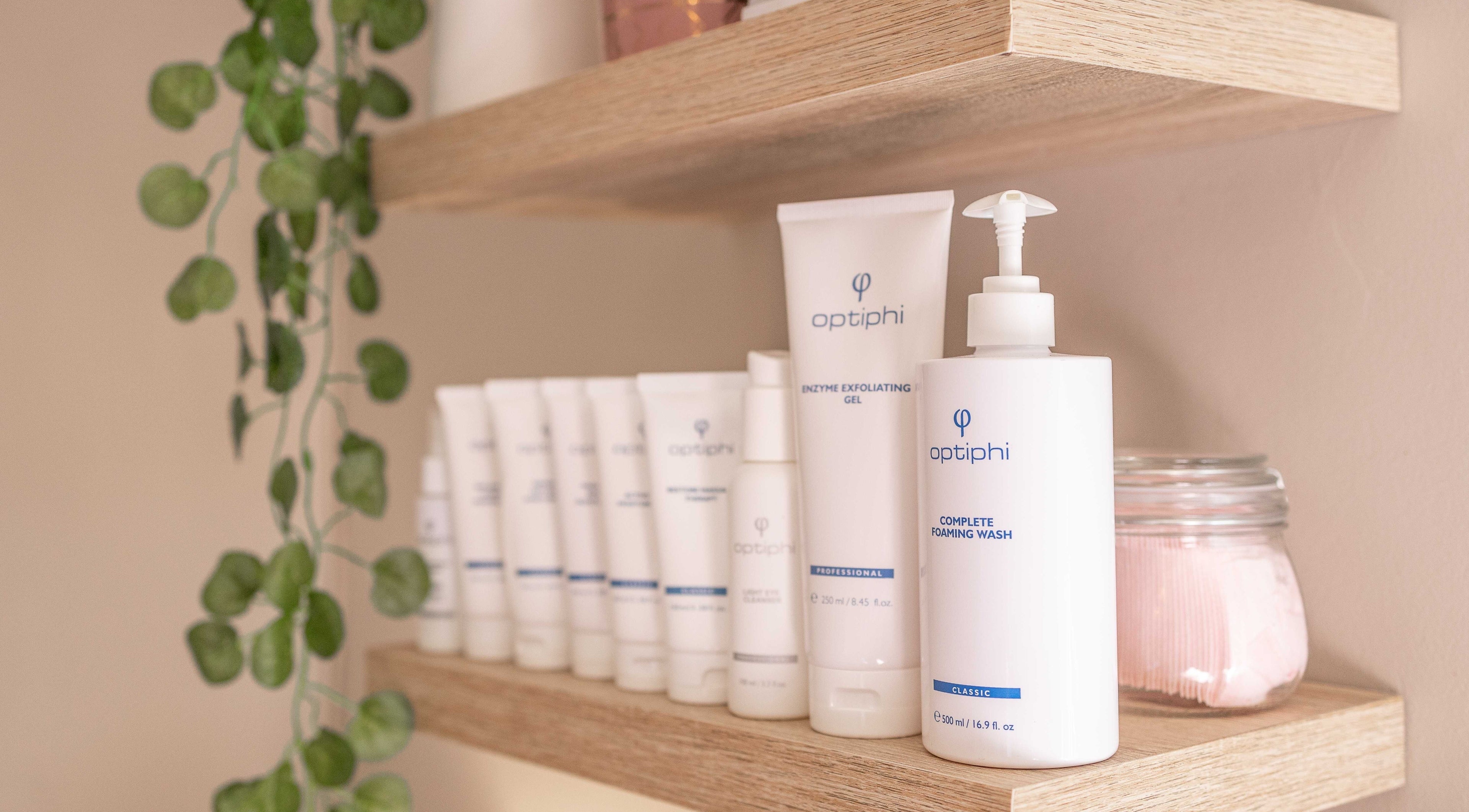 Optiphi skincare products displayed at By Bianca Skin Studio, Waterfall, Kwazulu-natal, ZA.