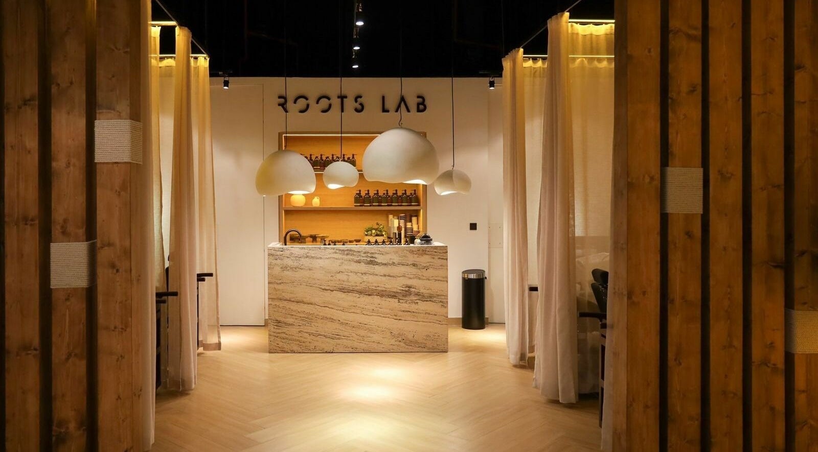 Stylish interior of Roots Lab Beauty Salon in Dubai, AE showcasing modern design and ambiance.