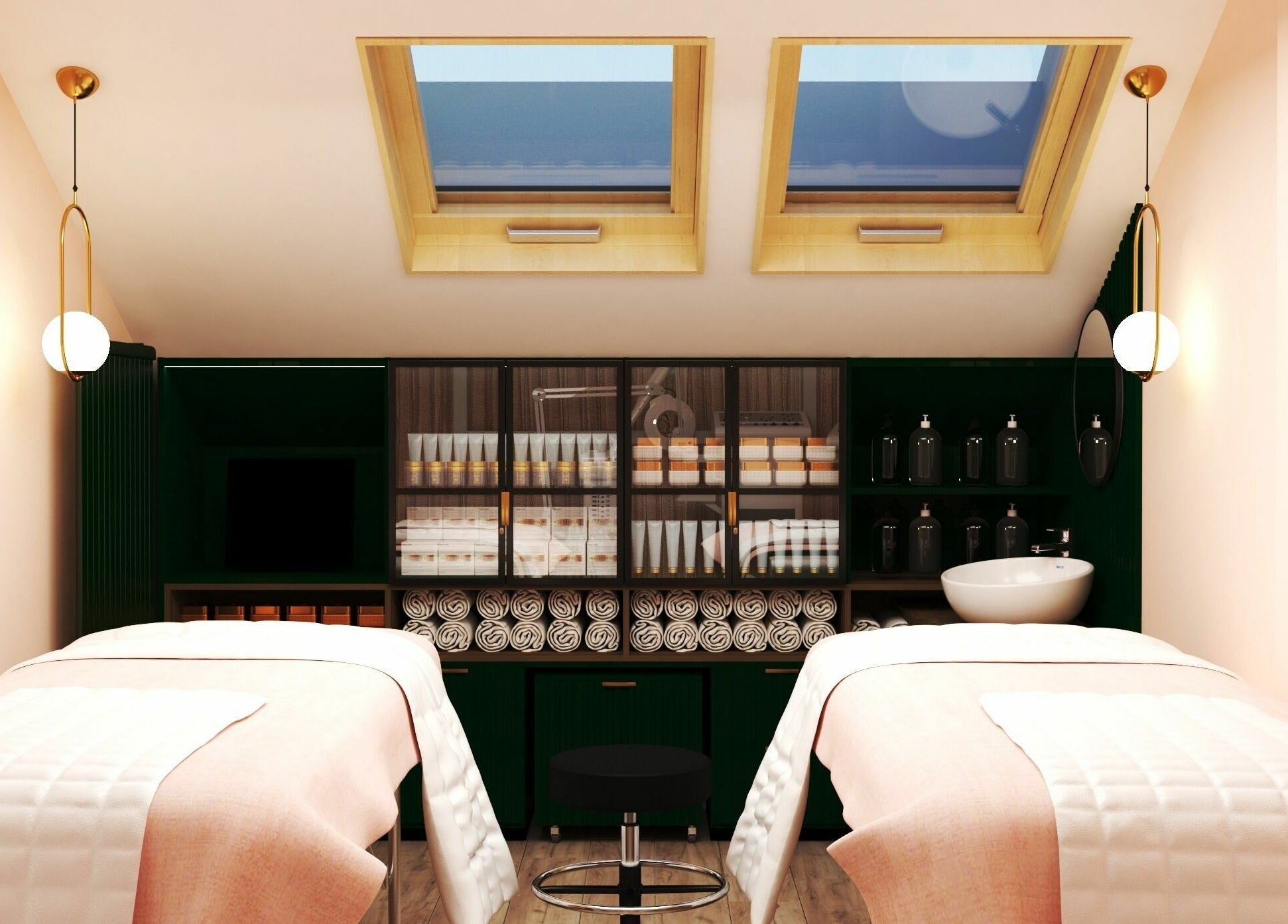 Interior spa Salon Vogue Botosani, Botoșani, Județul Botoșani, RO, cu paturi de masaj și iluminat elegant.