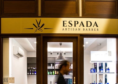 Entrance of Espada artisan barber in Dhahran, Eastern Province, SA, showcasing modern design.