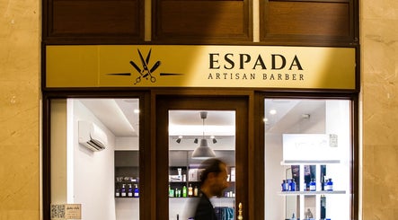 Entrance of Espada artisan barber in Dhahran, Eastern Province, SA, showcasing modern design.