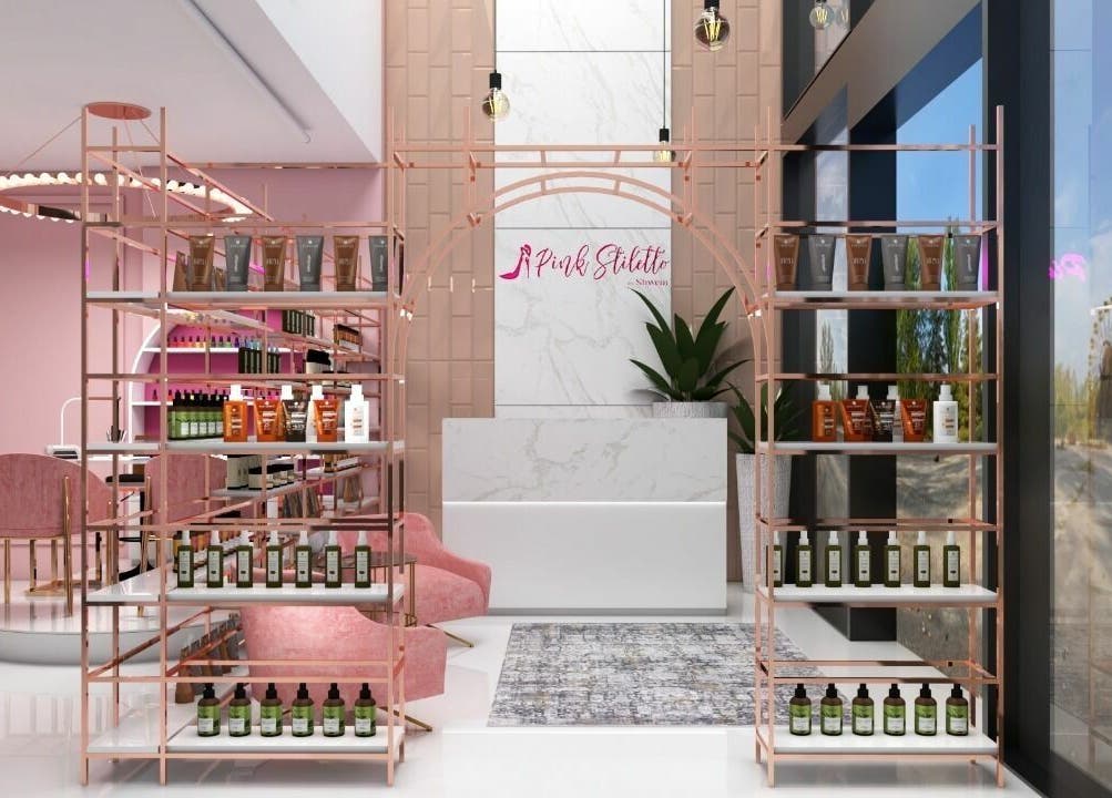 Sophisticated interior of Pink Stiletto by Shweta in Dubai, Dubai, AE, showcasing beauty products and chic decor.