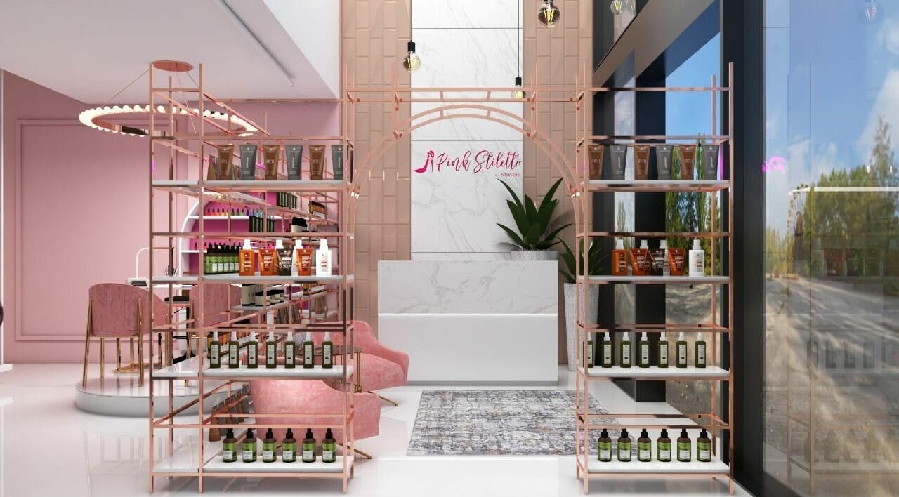Sophisticated interior of Pink Stiletto by Shweta in Dubai, Dubai, AE, showcasing beauty products and chic decor.