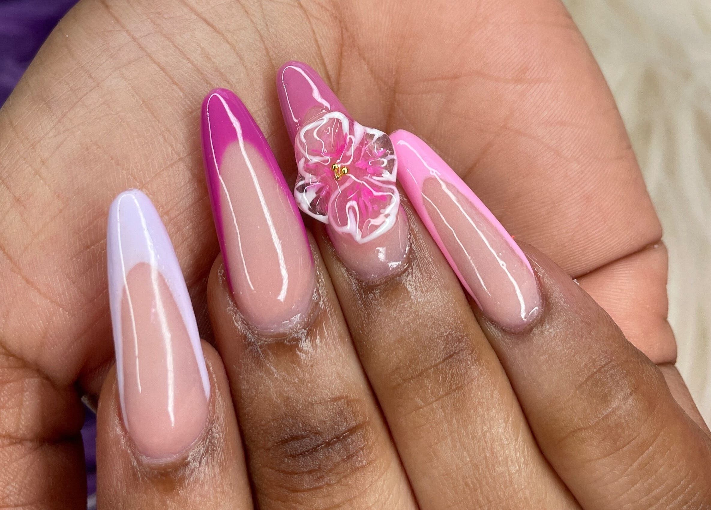 Elegant pink floral nail art at Beautify Me by LC, Montego Bay, St. James Parish, JM.