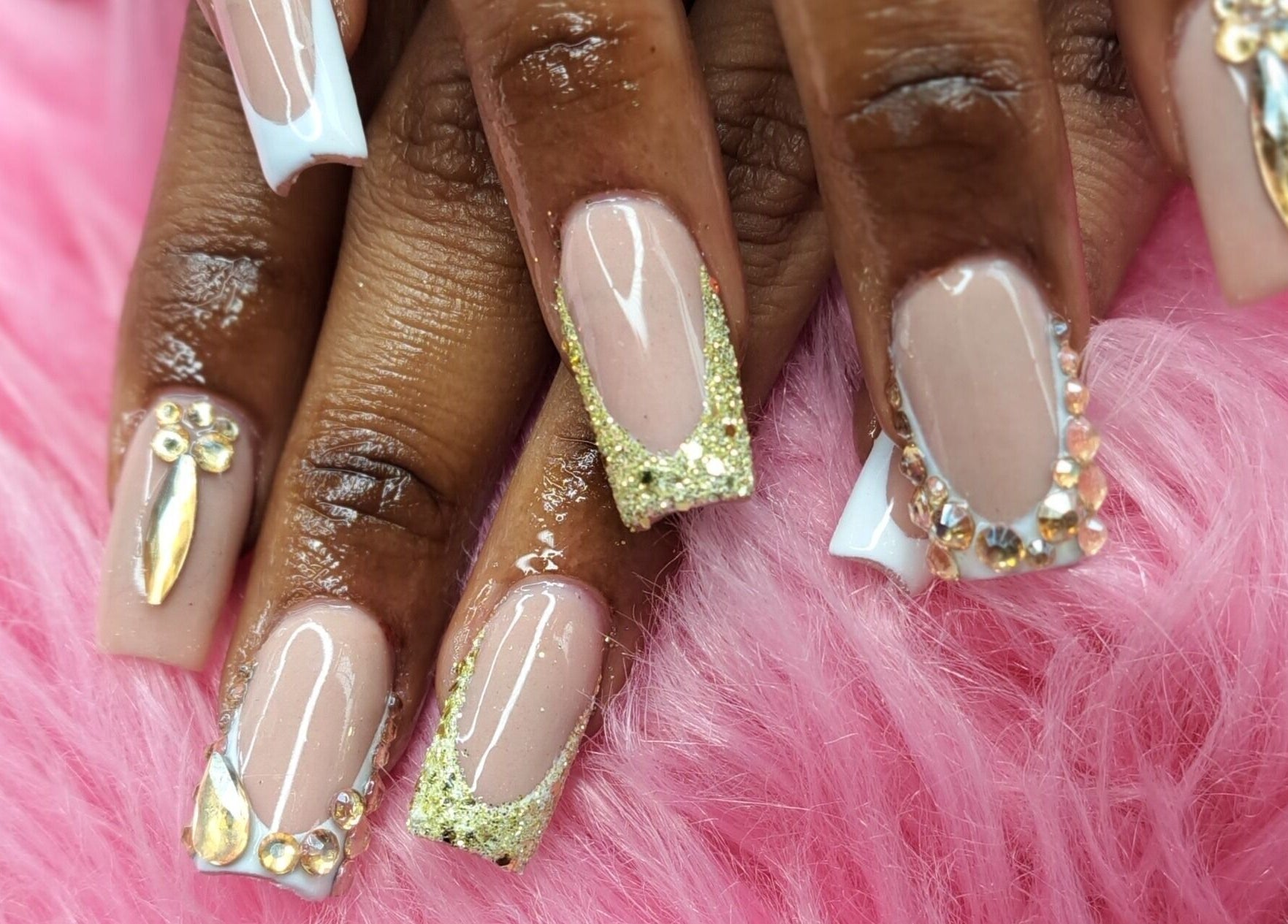 Elegant gem-studded nails at Beautify Me by LC, Montego Bay, St. James Parish, JM.