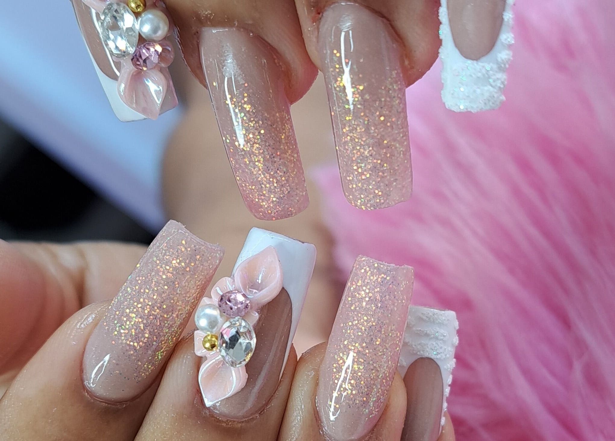 Elegant glittery nails with 3D art at Beautify Me by LC, Montego Bay, St. James Parish, JM.
