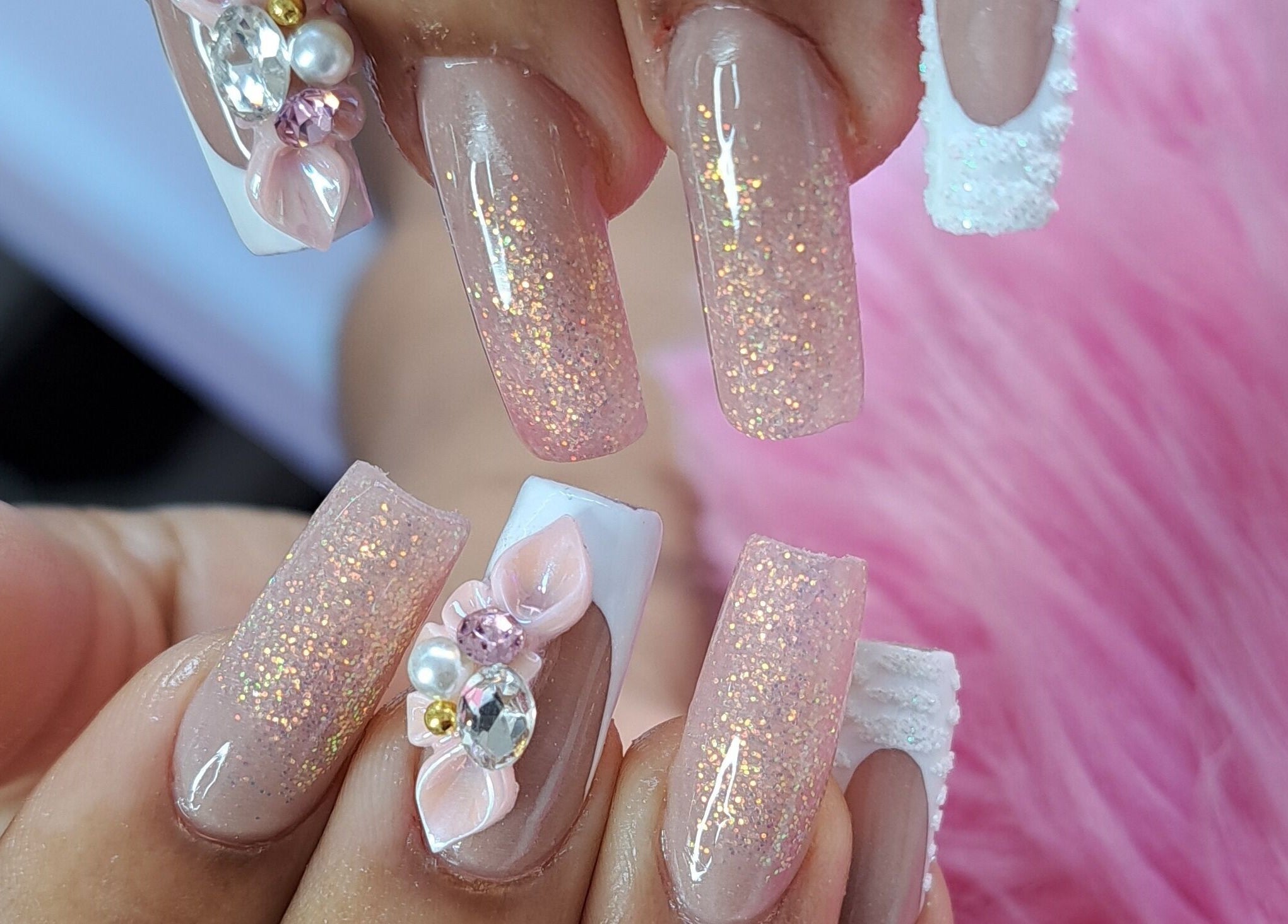 Elegant glittery nails with 3D art at Beautify Me by LC, Montego Bay, St. James Parish, JM.