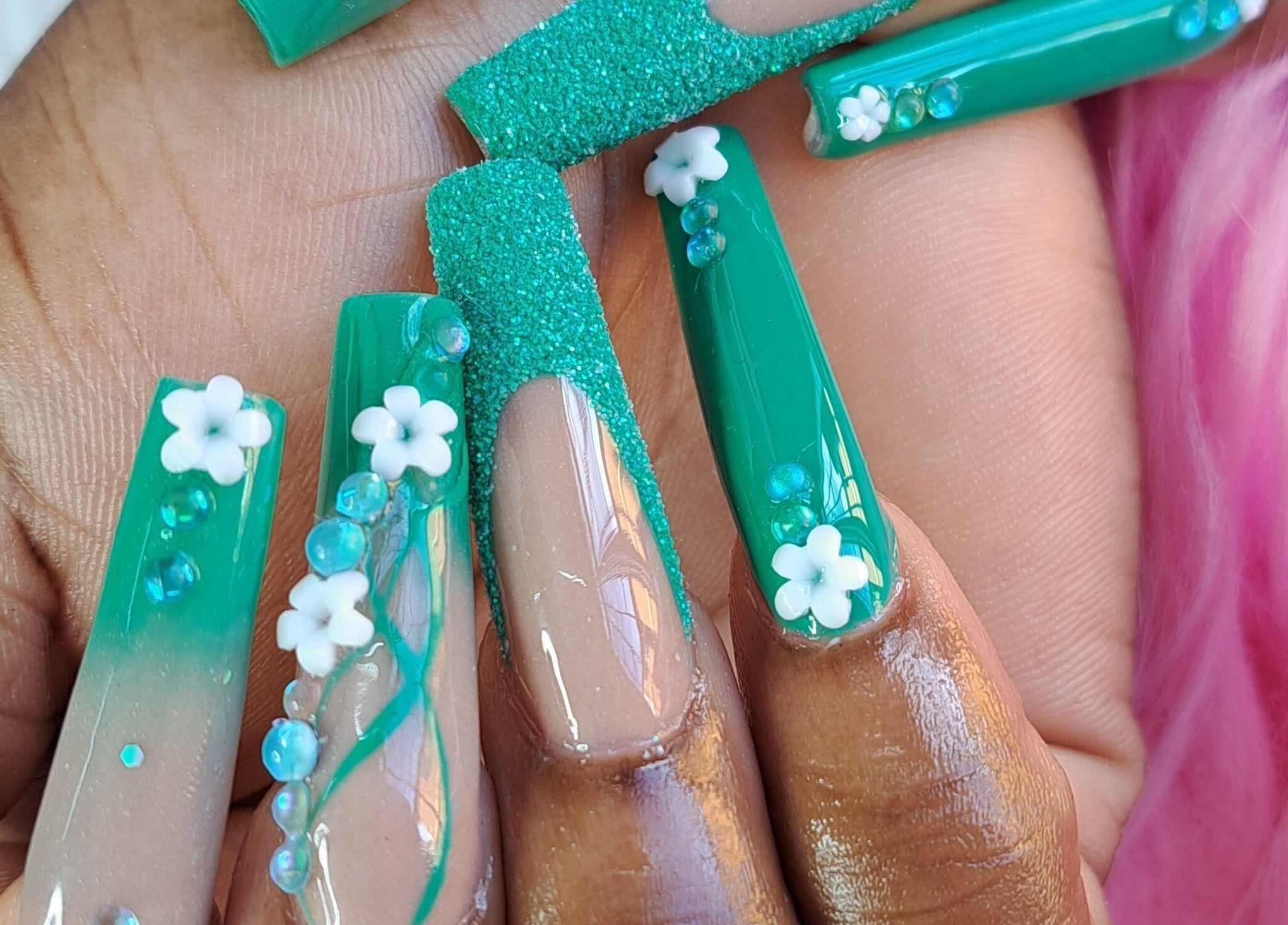 Elegant green nails with floral design by Beautify Me by LC, Montego Bay, St. James Parish, JM.