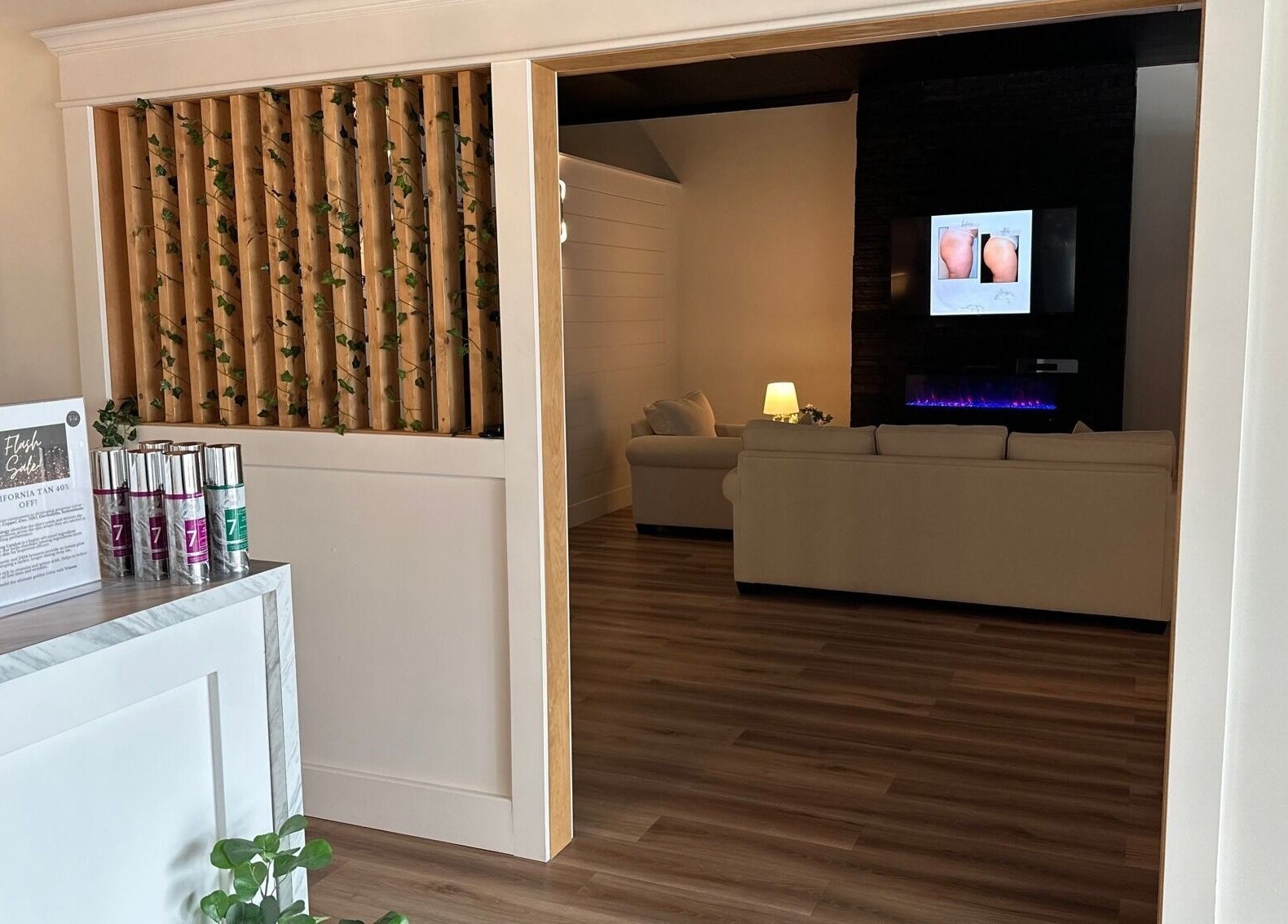 Warm, inviting lounge at The Loft Spa in Barrington Passage, Nova Scotia, CA showcasing elegant decor.