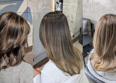 CuE Hair Salon Richmond showcases vibrant hair highlights, Richmond, British Columbia, CA.