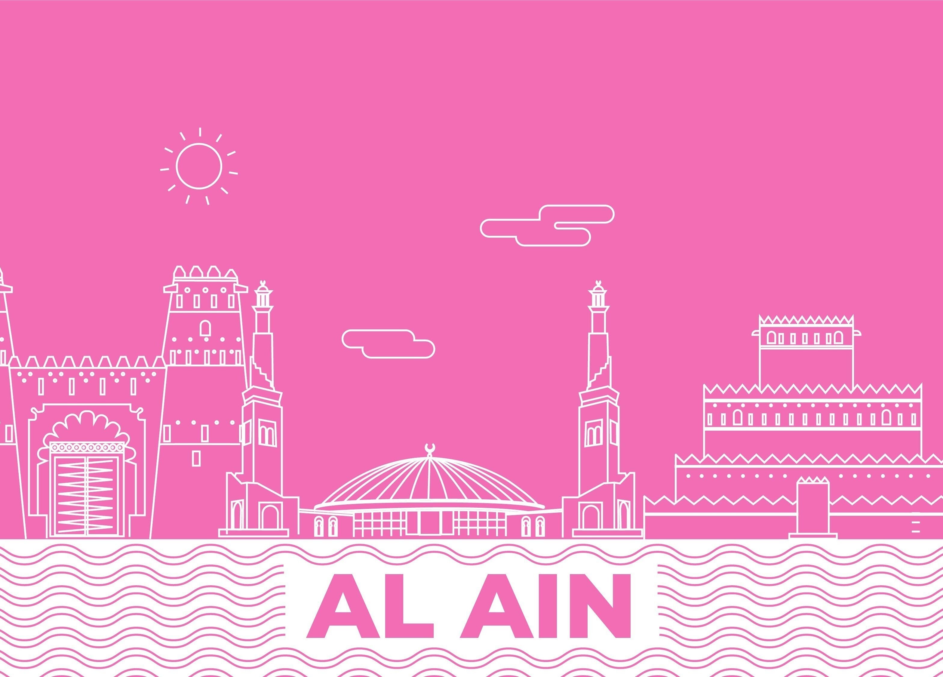 Pink and white Al Ain cityscape artwork featuring landmarks near The Home Spa | Al Ain, located in Al Ain, AE.