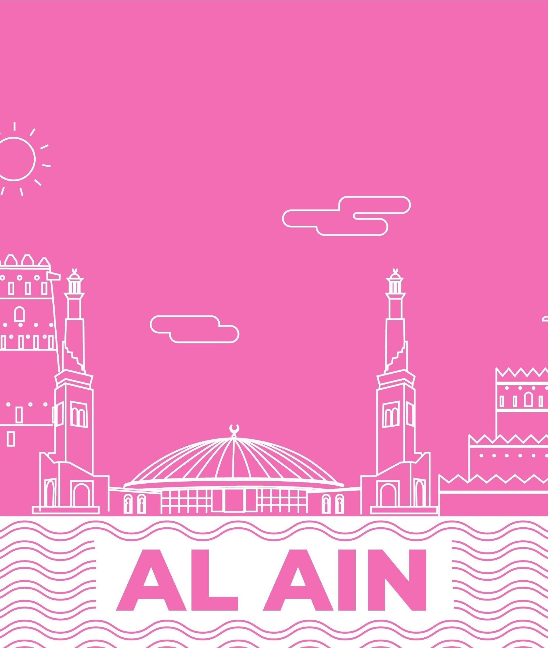 Pink and white Al Ain cityscape artwork featuring landmarks near The Home Spa | Al Ain, located in Al Ain, AE.