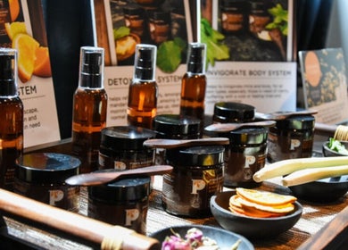 Pampering skincare collection at The Escape Beauty Rooms, Abertillery, Wales, GB. Natural oils and creams displayed.