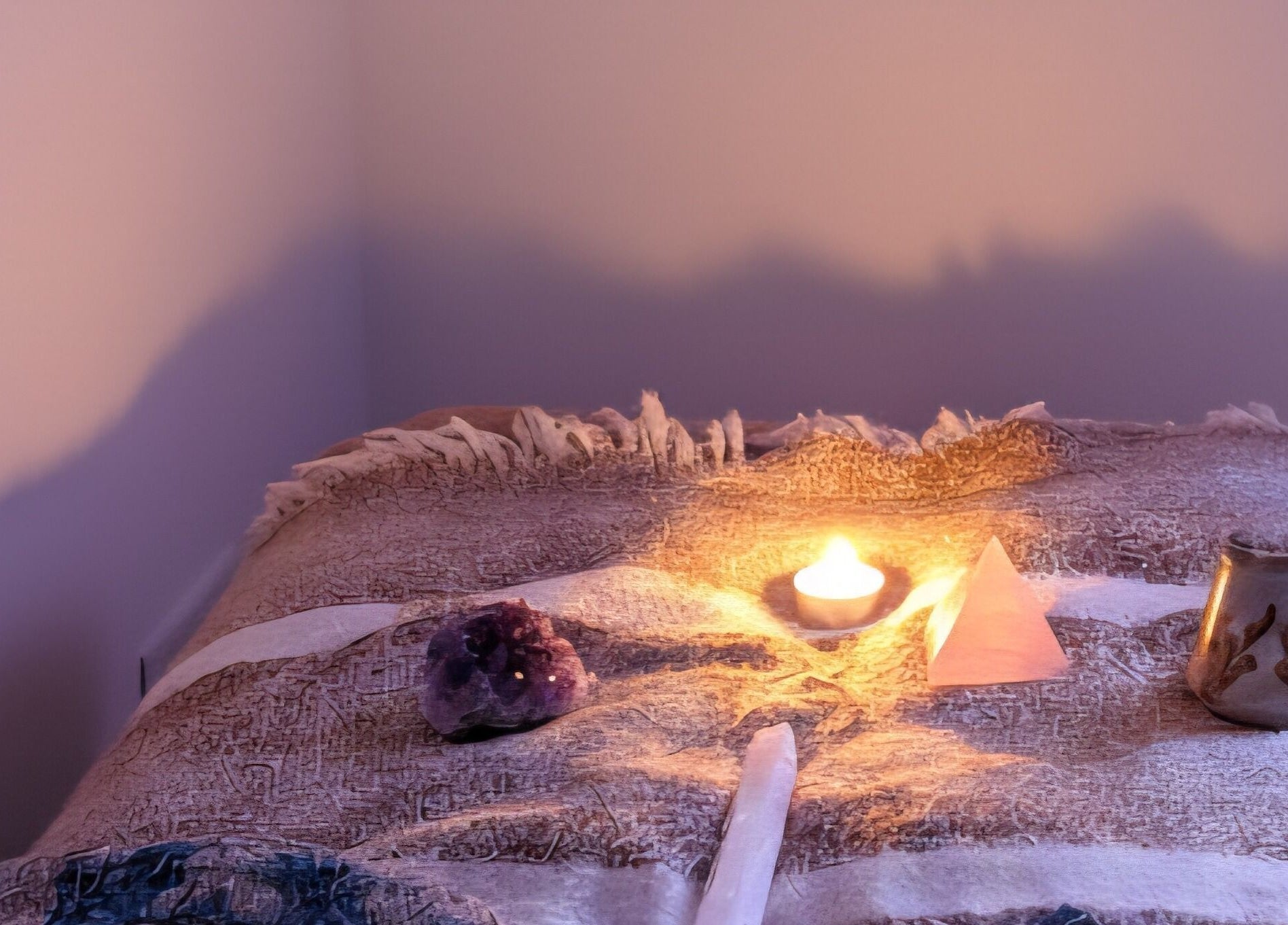 Relaxing setup with candle and crystals at SpiritualMessagesCC, Glasgow, United Kingdom, GB.