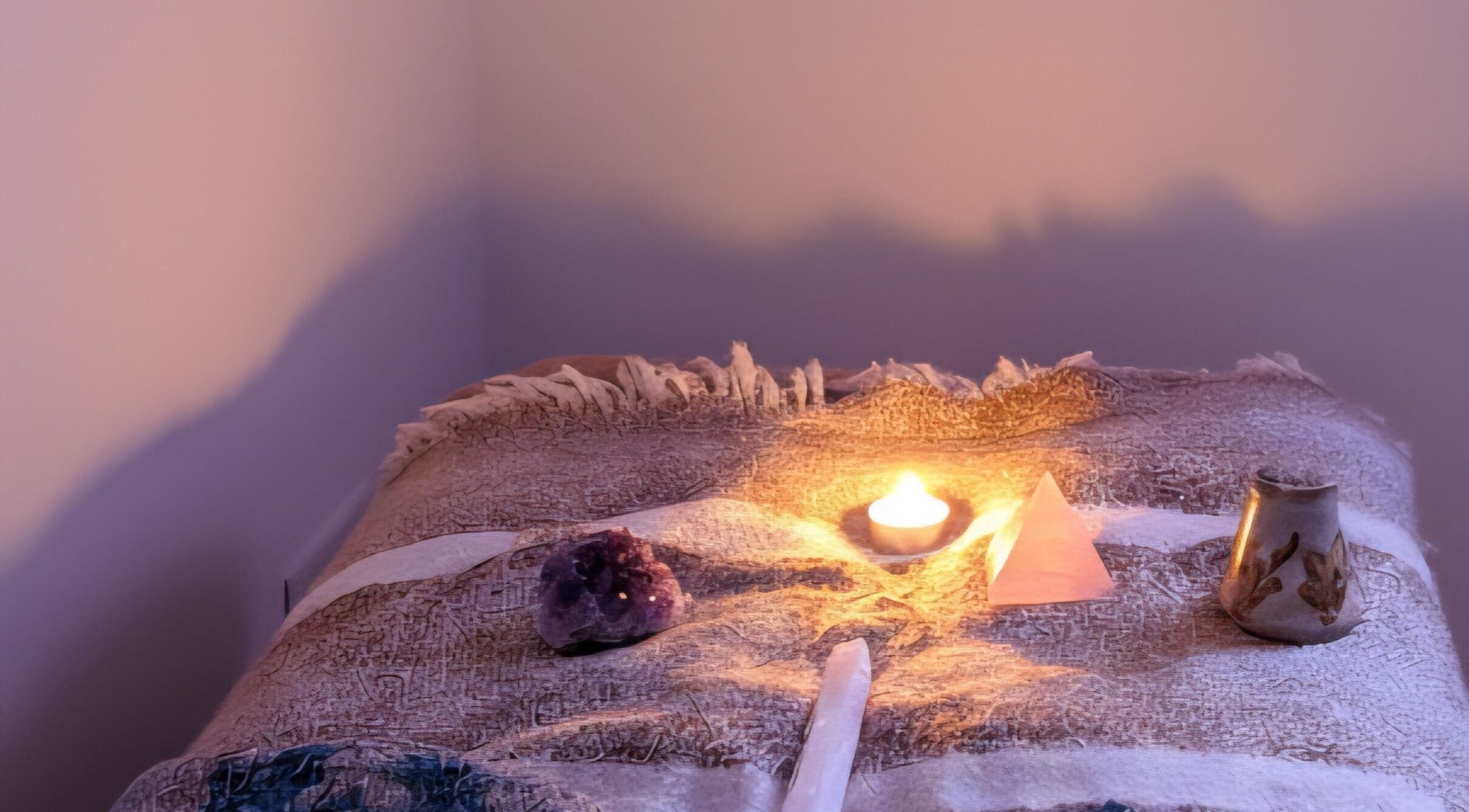 Relaxing setup with candle and crystals at SpiritualMessagesCC, Glasgow, United Kingdom, GB.