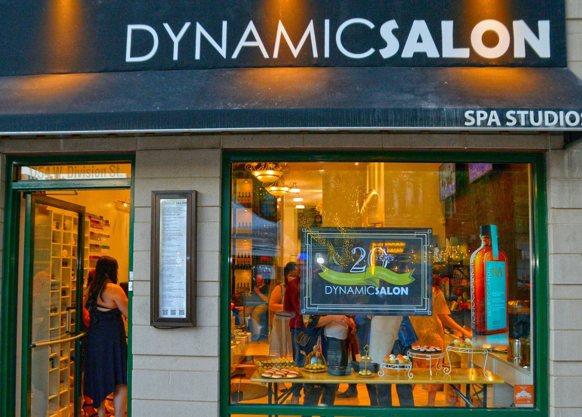 Dynamic Salon Spa Studios entrance in Chicago, Illinois, US, showcasing a stylish and inviting ambiance.