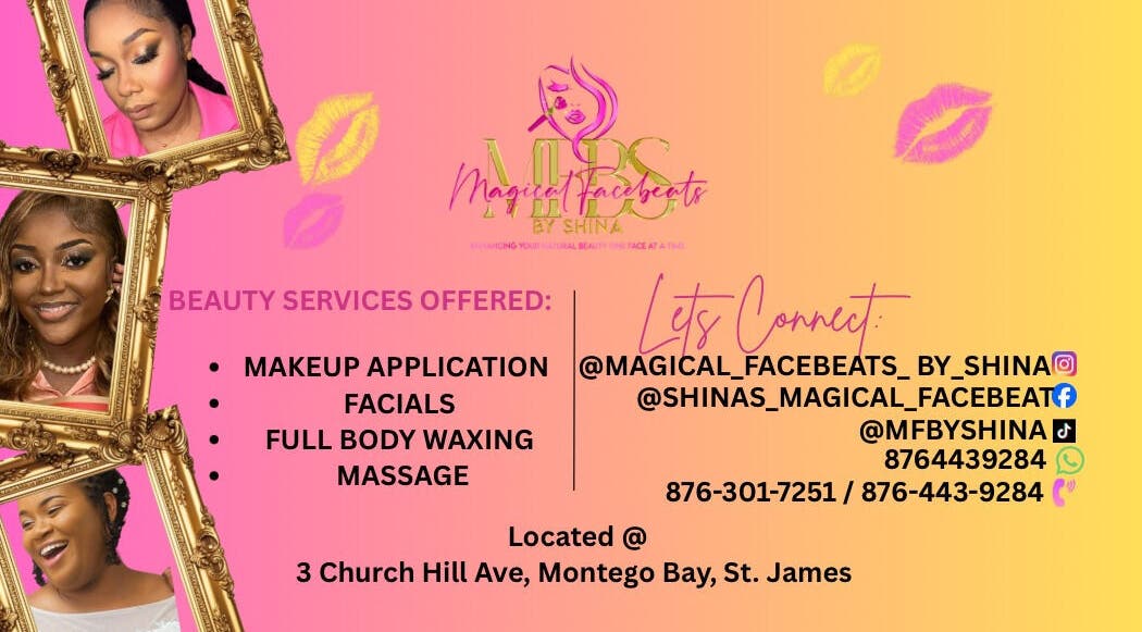 Beauty services poster for 3 Church Hill Avenue, Montego Bay, St. James featuring makeup and facials.