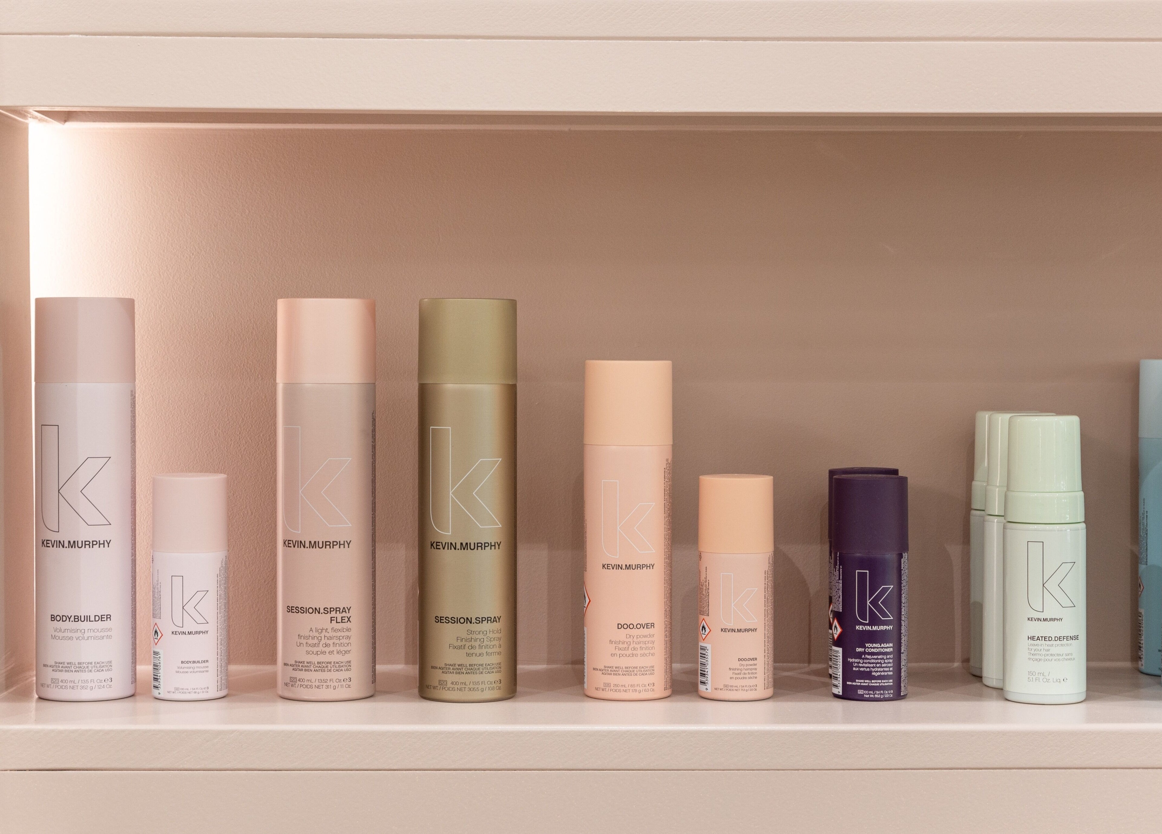 Kevin Murphy products on stylish display shelf at Shadi, London, England, GB.