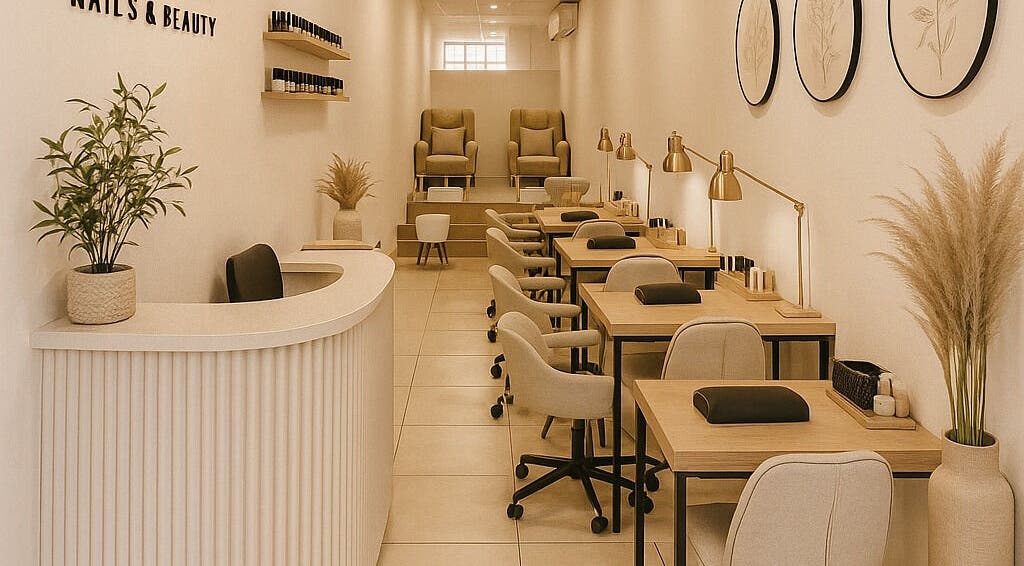 Interior of Amore Nails and Beauty - Bothasig Square in Cape Town, showcasing stylish nail service stations.