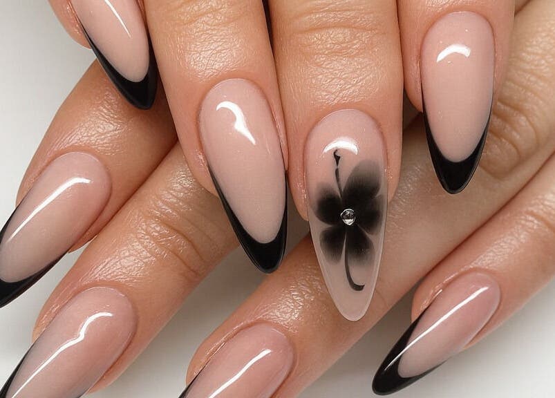 Elegant black-tipped nails with floral design at Amore Nails and Beauty - Bothasig Square, Cape Town, Western Cape, ZA.
