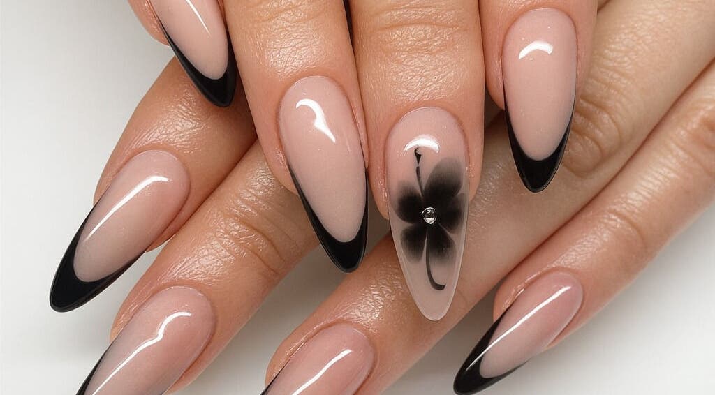 Elegant black-tipped nails with floral design at Amore Nails and Beauty - Bothasig Square, Cape Town, Western Cape, ZA.