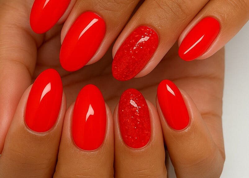 Vibrant red nails at Amore Nails and Beauty - Bothasig Square, Cape Town, Western Cape, ZA.