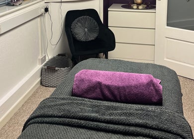 Cozy treatment room with a purple towel at Newport - Beauty & Holistic Therapies By Vicky, Newport, England, GB.