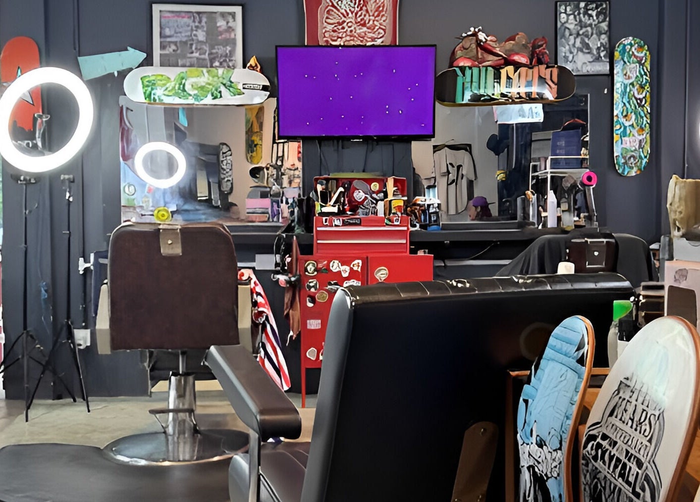 Interior of Ace Studio Barbershop & Salon in Kuala Lumpur, featuring modern decor and stylish seating.