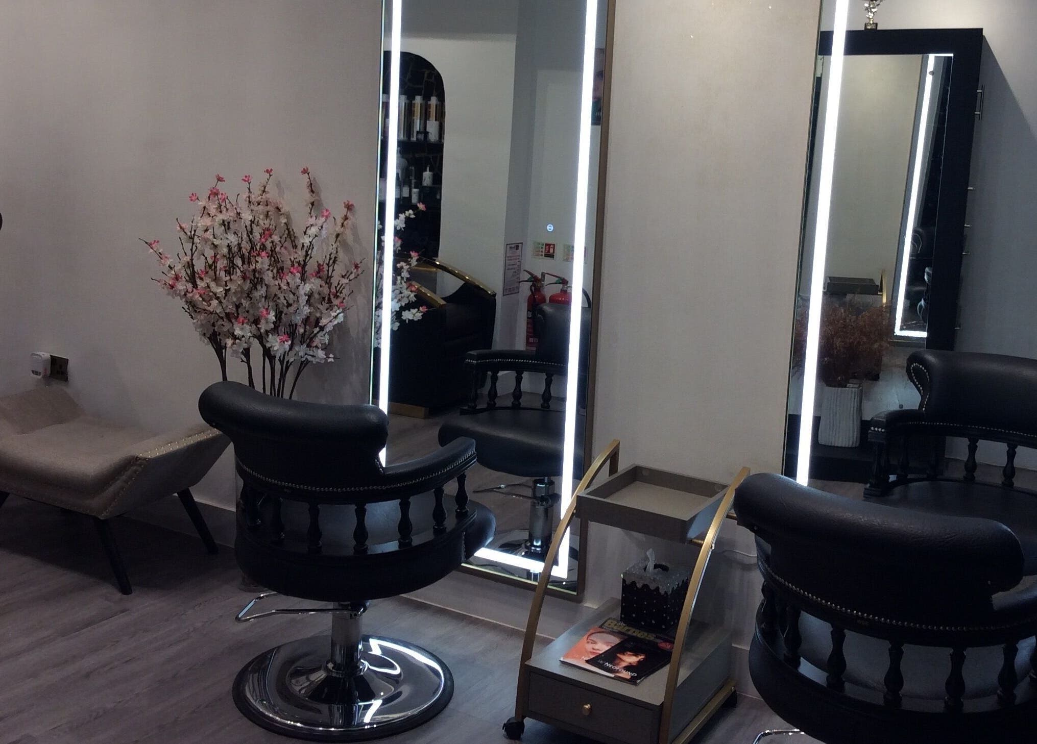 Elegant salon area at Just Gorgeous by Paty Silva with chic decor in London, England, GB.