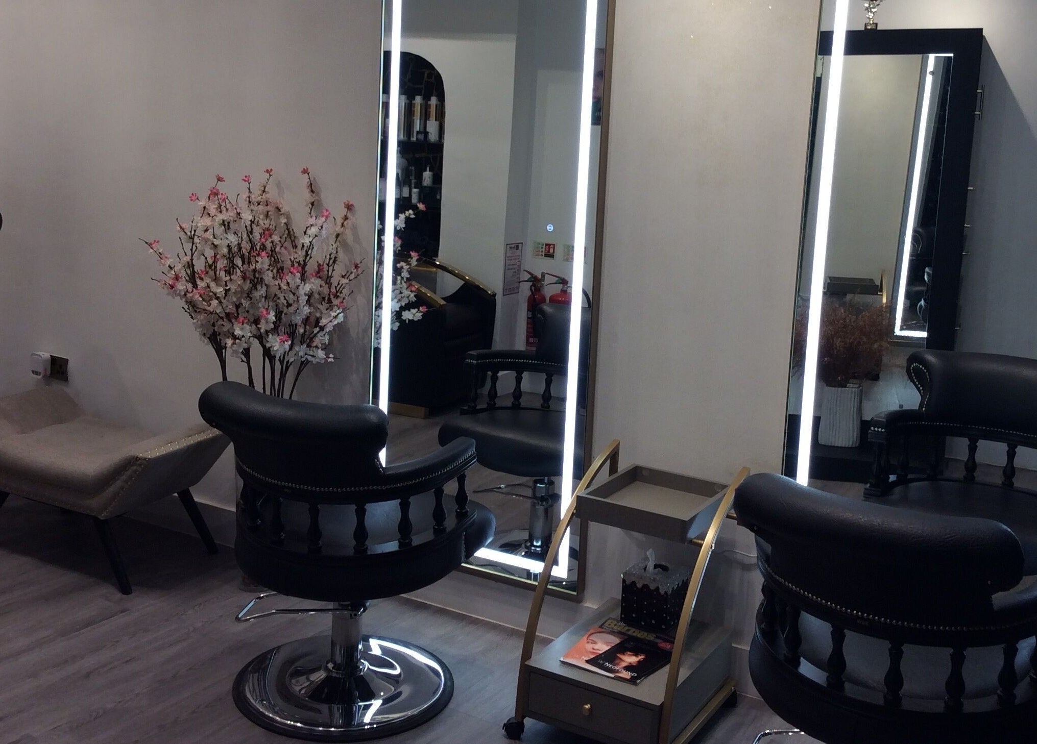 Elegant salon area at Just Gorgeous by Paty Silva with chic decor in London, England, GB.