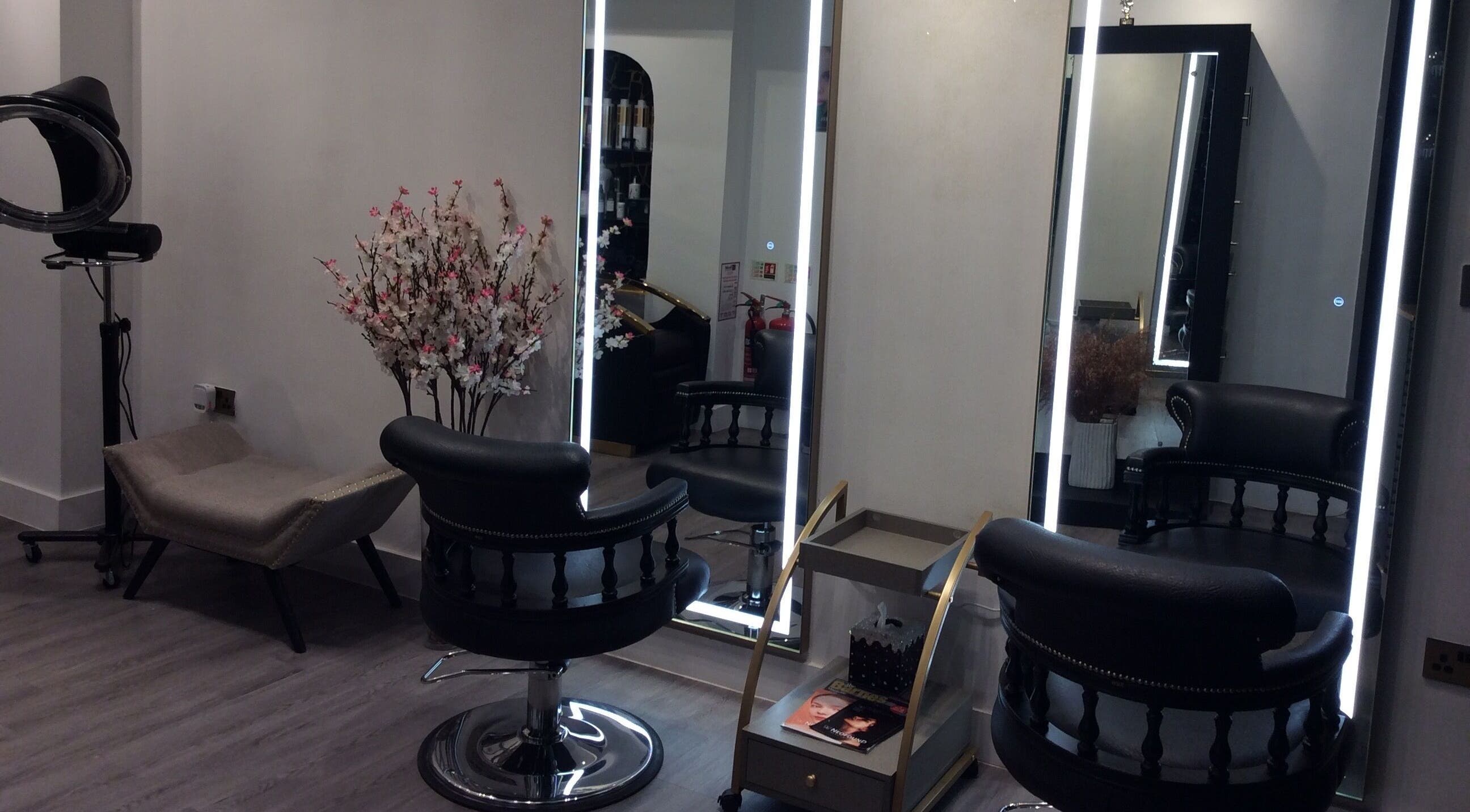 Elegant salon area at Just Gorgeous by Paty Silva with chic decor in London, England, GB.