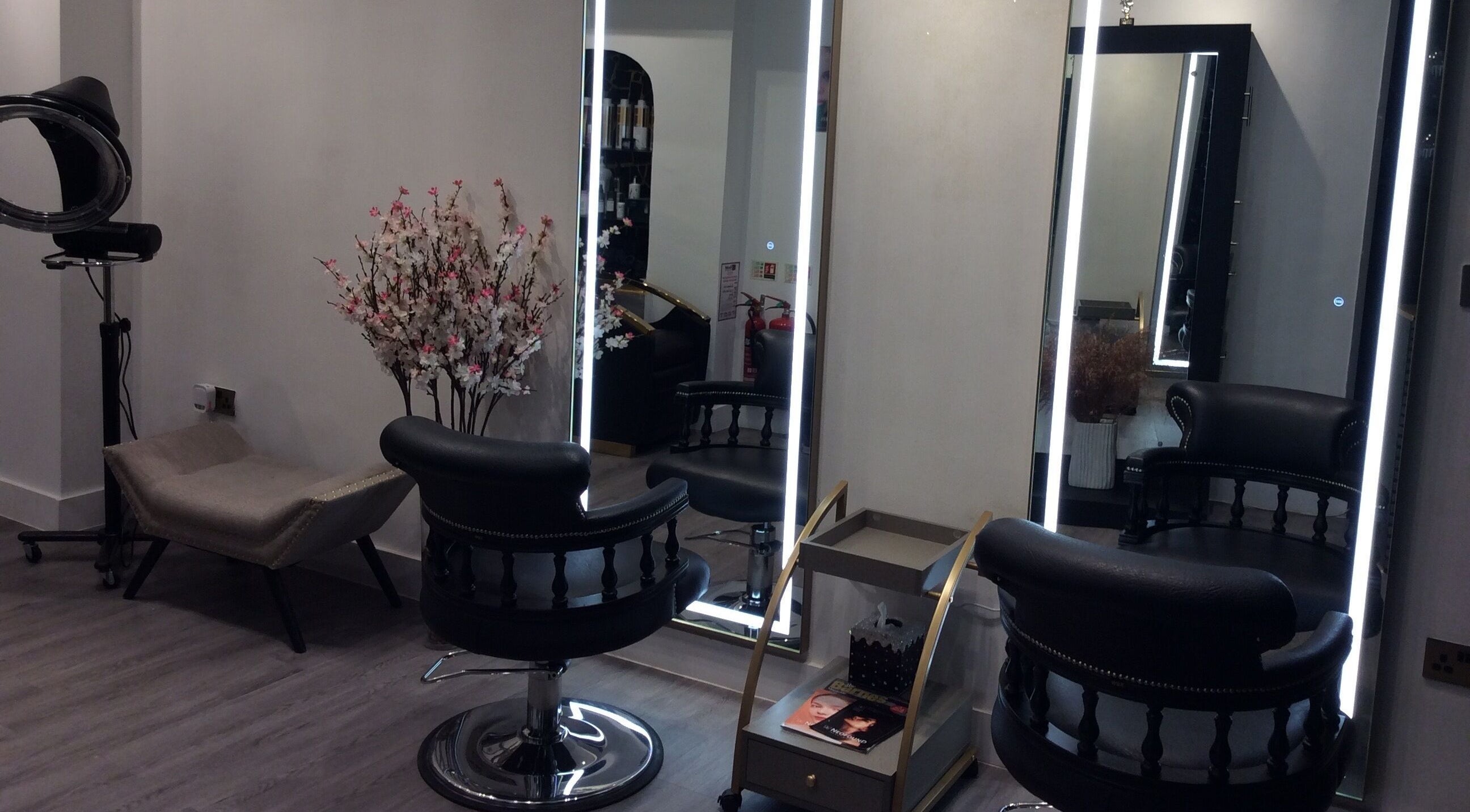 Elegant salon area at Just Gorgeous by Paty Silva with chic decor in London, England, GB.