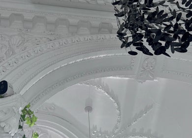 Ornate white ceiling with hanging decor at Hair by Daria Grosu, Bristol, England, GB.