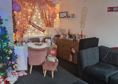 Beautylicious in Poole, England, GB, beautifully decorated for a festive celebration with lights and ornaments.